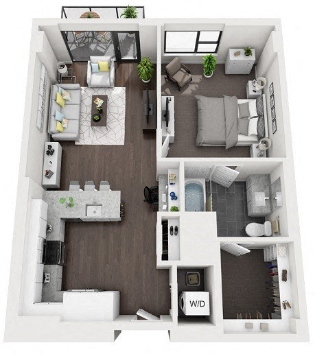 Floor plan for 1 bed, 1 bath, 892 sqft